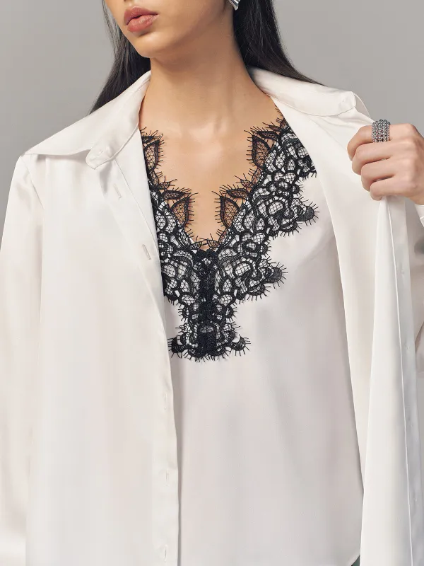 2 in 1 Contrast Lace Satin Shirt sold by COMMENSE