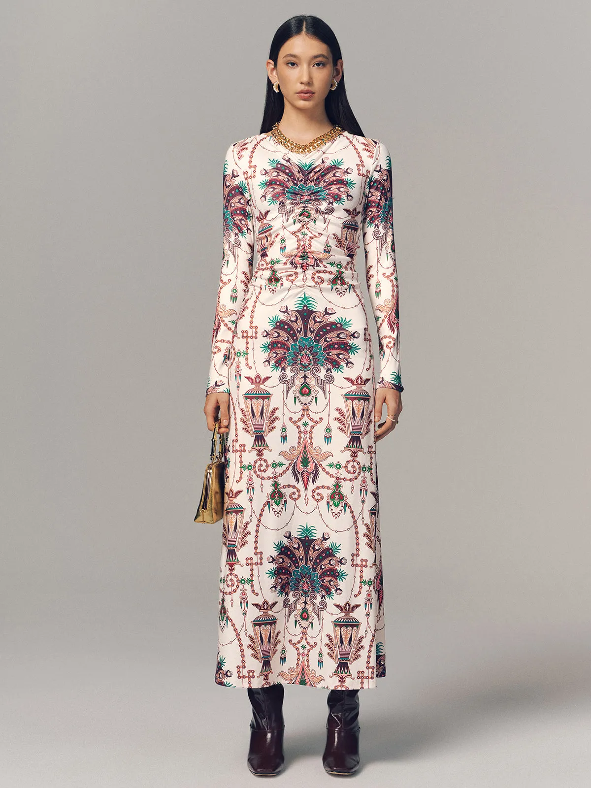 Ruched Printed Long-Sleeve Maxi Dress sold by COMMENSE product image thumbnail 4