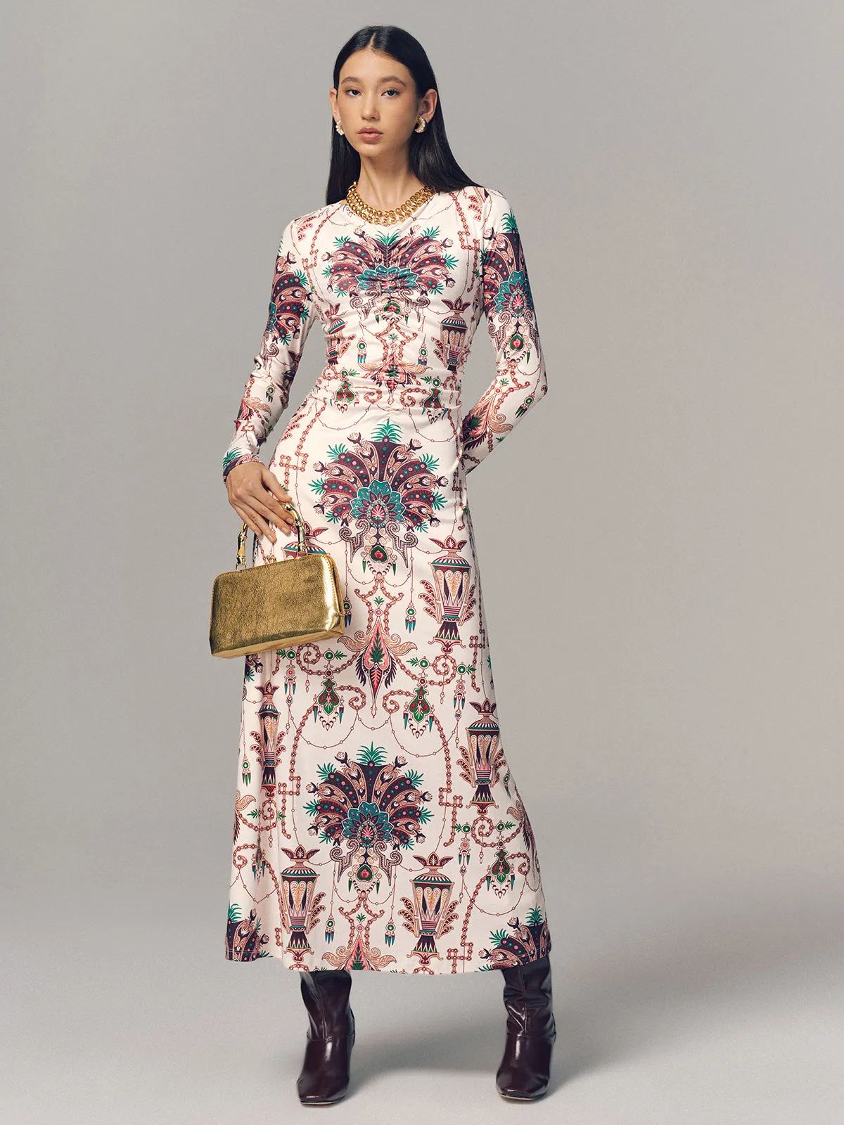 Ruched Printed Long-Sleeve Maxi Dress sold by COMMENSE