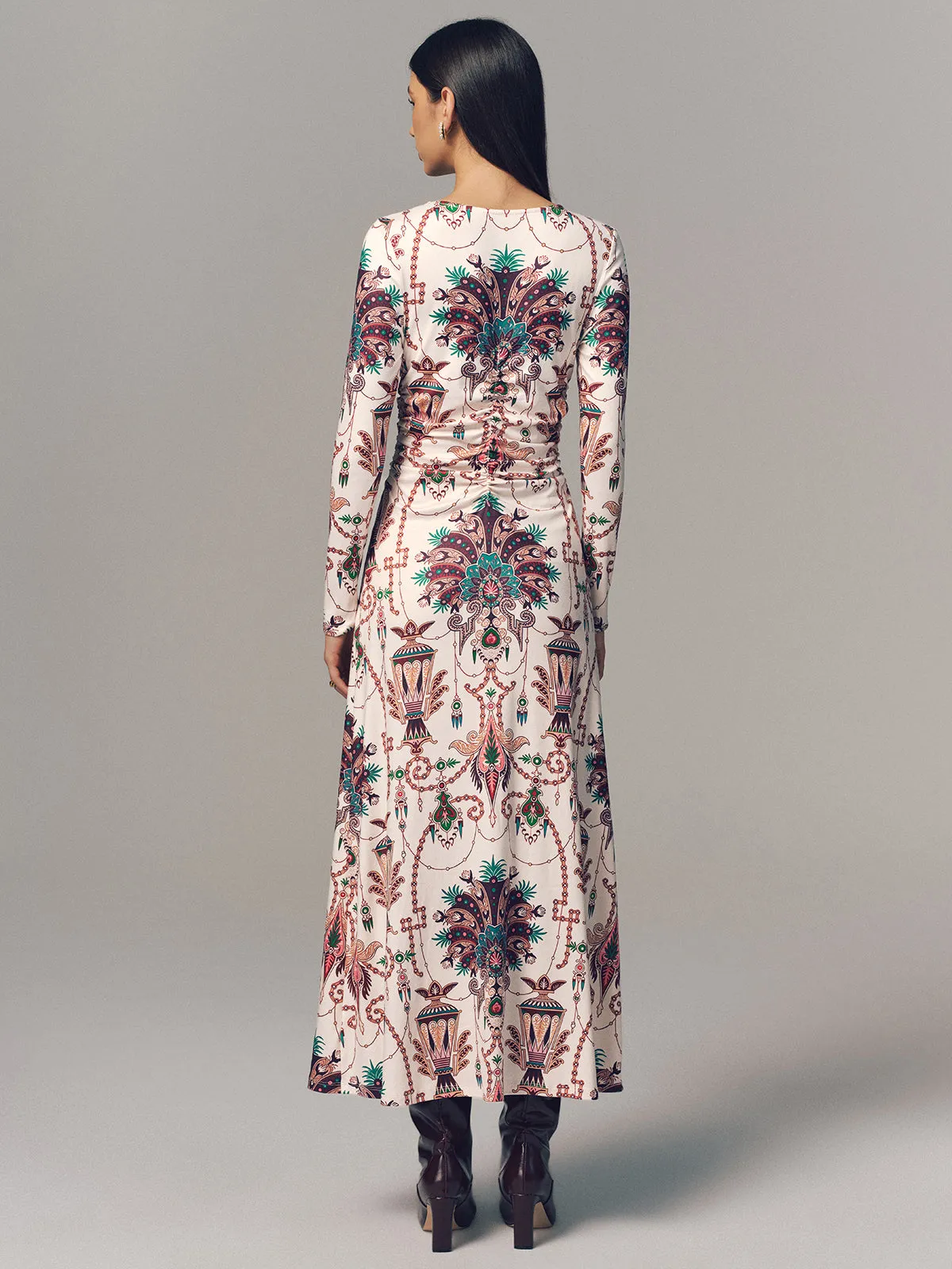 Ruched Printed Long-Sleeve Maxi Dress sold by COMMENSE product image thumbnail 5