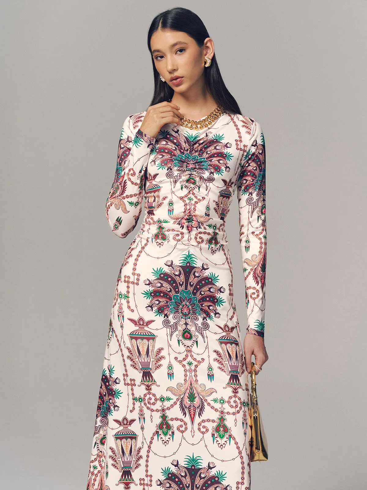 Ruched Printed Long-Sleeve Maxi Dress sold by COMMENSE product image thumbnail 3