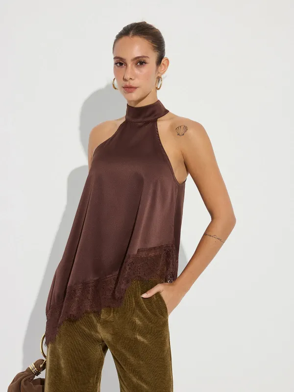 Asymmetric Lace Hem Satin Halter Top sold by COMMENSE