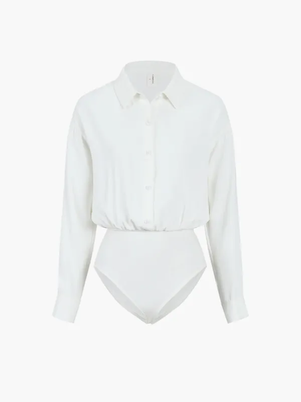 Solid Collared Button Long Sleeve Bodysuit sold by COMMENSE