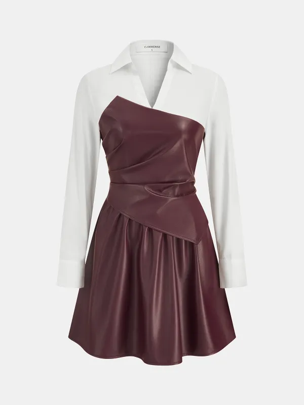 Faux Leather & Shirt Panel Asymmetric Dress made by COMMENSE