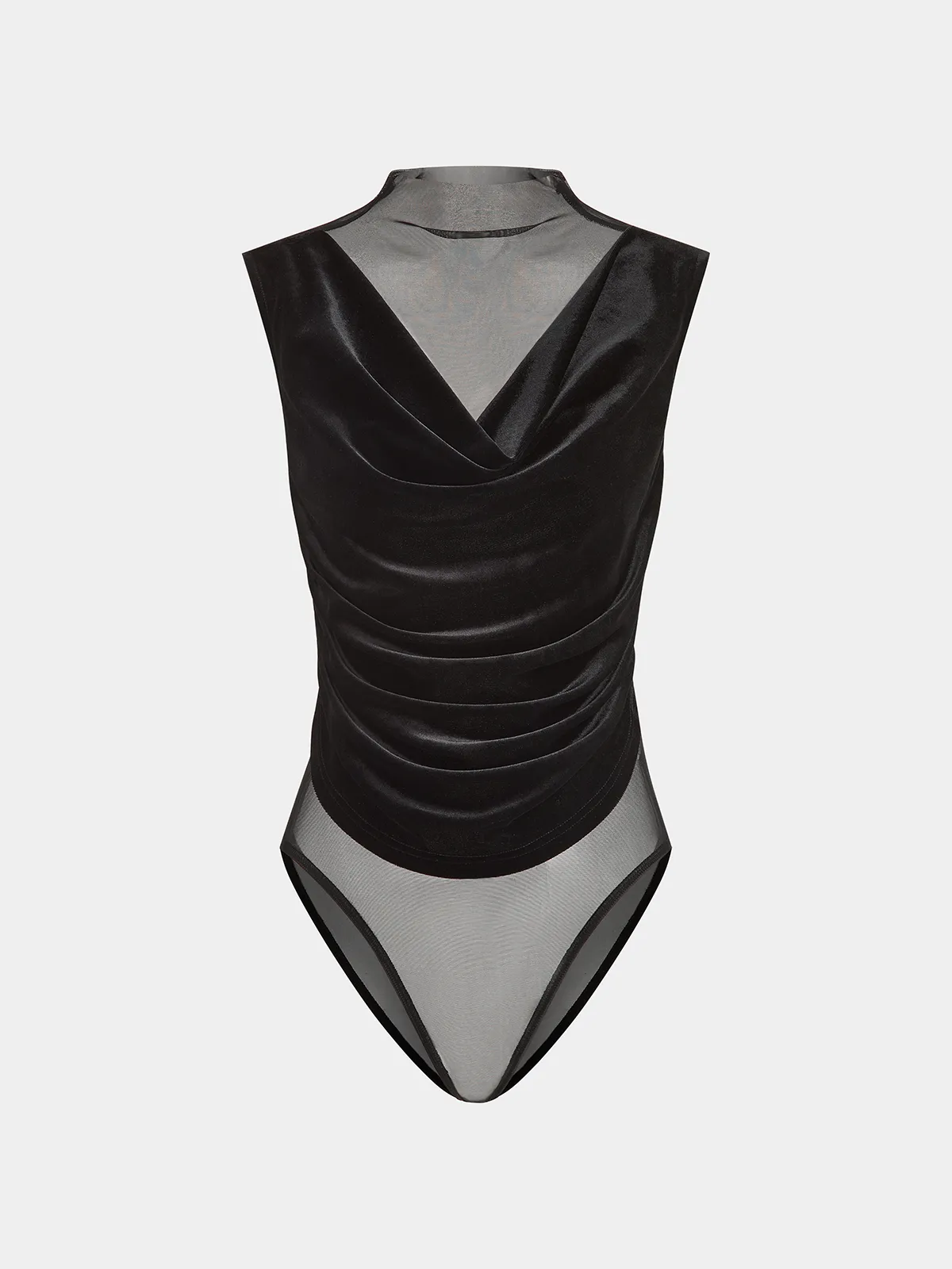 Sheer Mesh Panel Velvet Ruched Bodysuit sold by COMMENSE