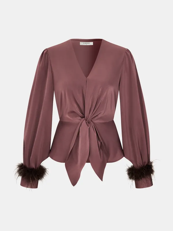 Knot Detail Faux Fur Cuff Satin Blouse sold by COMMENSE