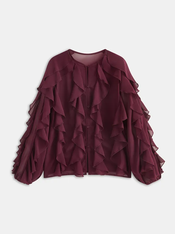 Semi-Sheer Chiffon Ruffled Long-Sleeve Blouse sold by COMMENSE