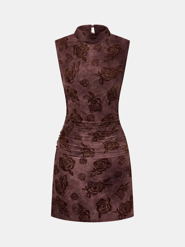 Flocked Rose-Print Ruched Sleeveless Mini Dress made by COMMENSE