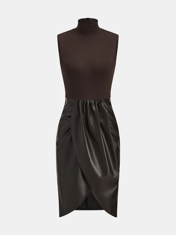 Ruched Faux Leather Panel Sleeveless Dress sold by COMMENSE