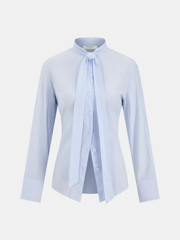 Cotton Tie-Neck Long-Sleeve Shirt sold by COMMENSE