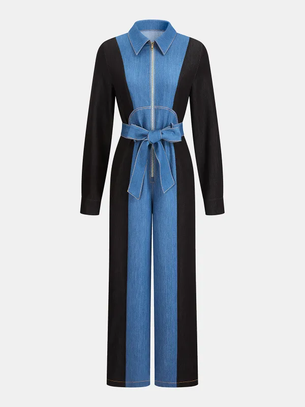 Belted Zipper Front Two-Tone Denim Jumpsuit sold by COMMENSE