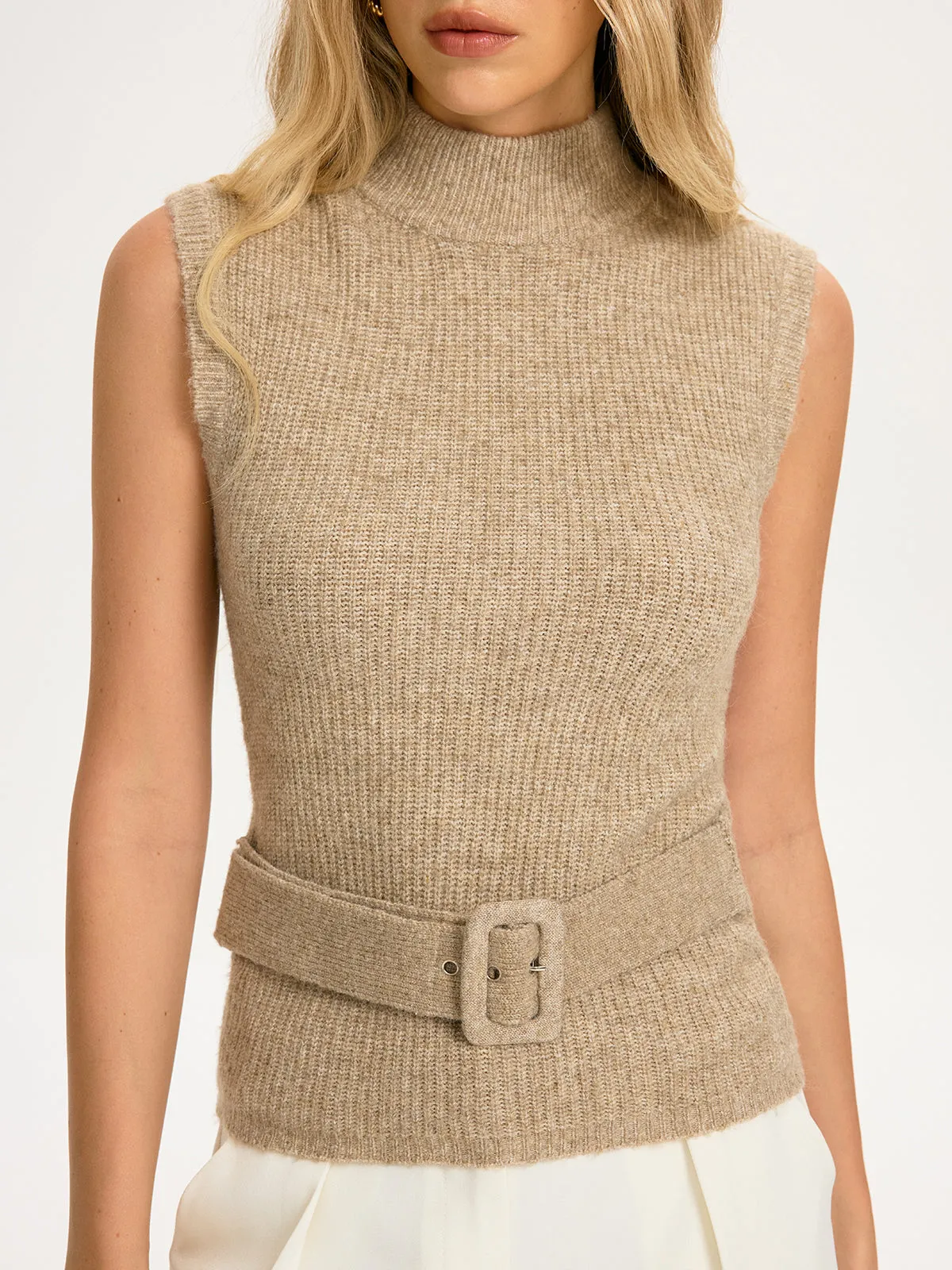 Belted Wool-Blend Sleeveless Turtleneck Knit Top sold by COMMENSE product image thumbnail 4