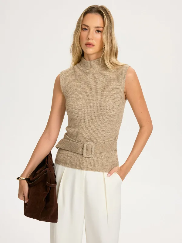 Belted Wool-Blend Sleeveless Turtleneck Knit Top sold by COMMENSE
