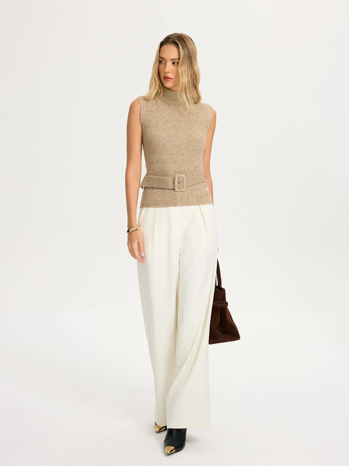 Belted Wool-Blend Sleeveless Turtleneck Knit Top sold by COMMENSE product image thumbnail 2