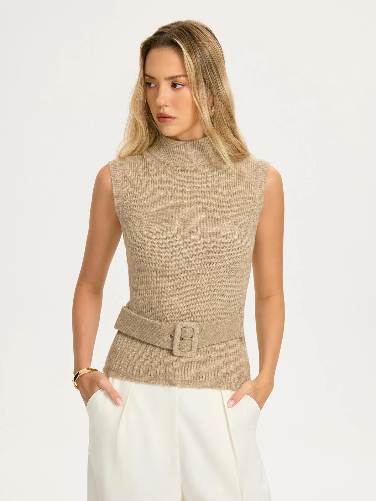 Belted Wool-Blend Sleeveless Turtleneck Knit Top sold by COMMENSE product image thumbnail 3