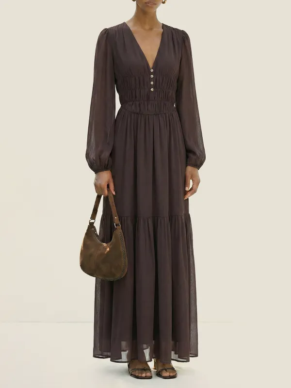 Chiffon V-Neck Puff-Sleeve Maxi Dress sold by COMMENSE