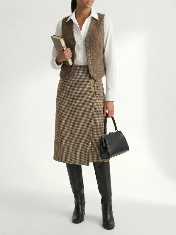 Metal Embellished Houndstooth Midi Skirt sold by COMMENSE