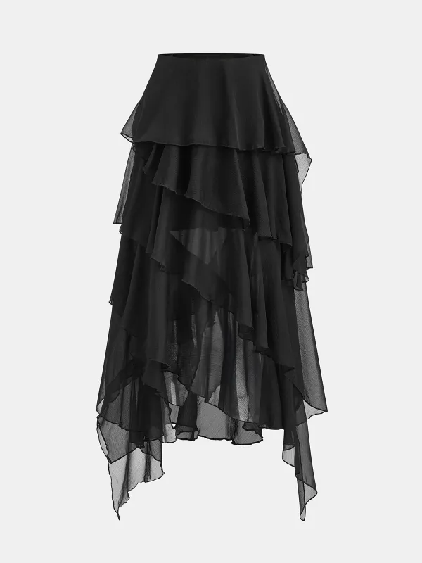 Sheer Layered Asymmetric Midi Skirt sold by COMMENSE
