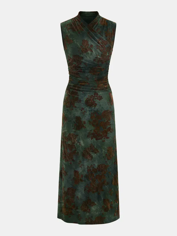 Flocked Floral Ruched Sleeveless Maxi Dress sold by COMMENSE