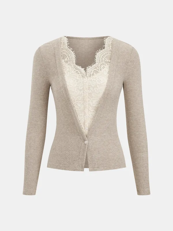 V-Neck Lace Panel Ribbed Knit Top sold by COMMENSE