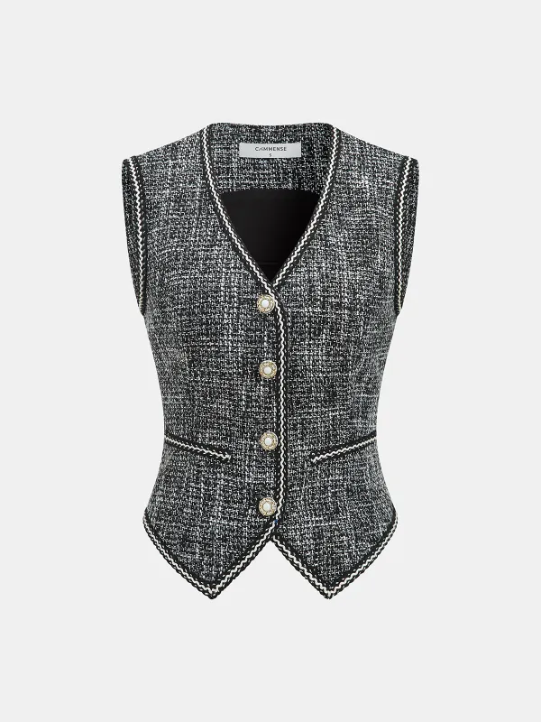 Tweed V-Neck Sleeveless Vest sold by COMMENSE