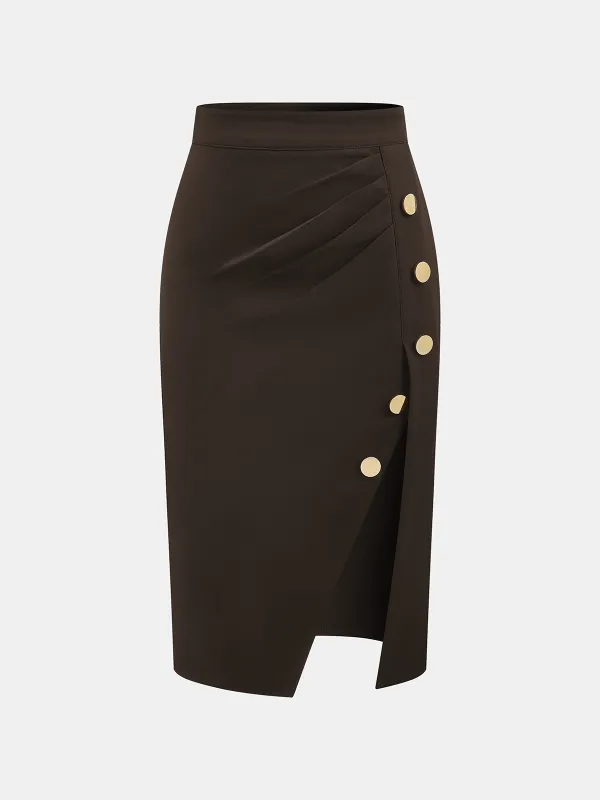 Metal Detail Asymmetric Slit Midi Skirt sold by COMMENSE