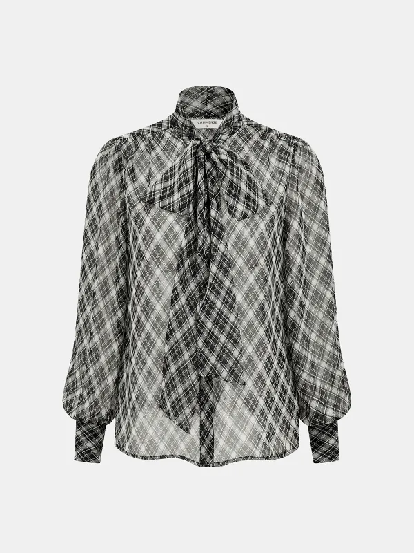 Plaid Sheer Chiffon Tie-Neck Blouse sold by COMMENSE