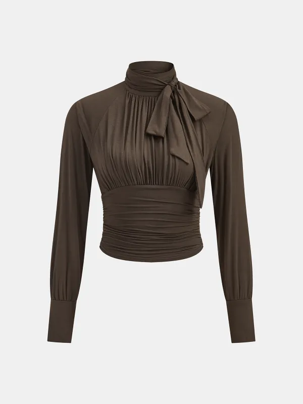 Tie-Neck Ruched Blouse made by COMMENSE