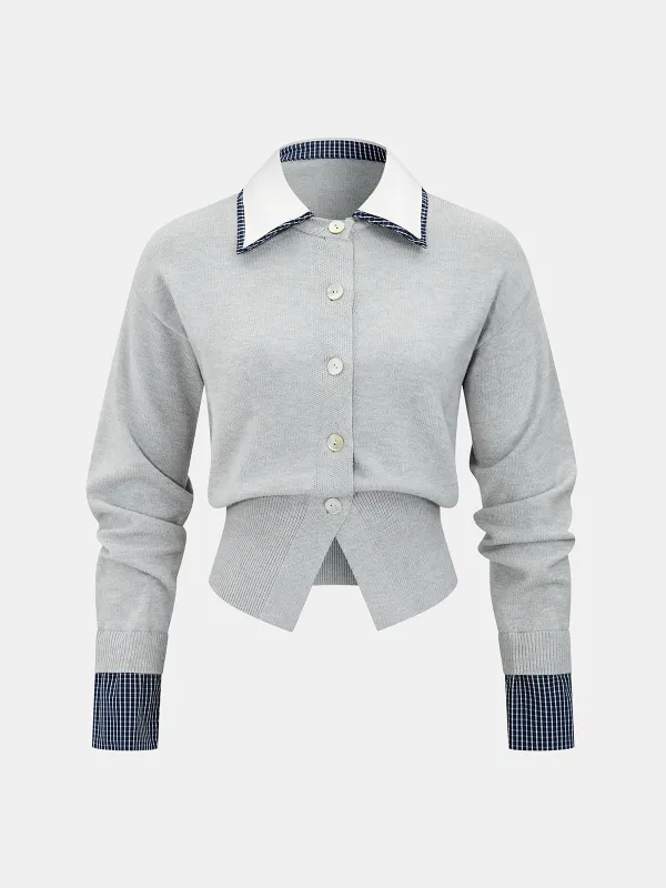 Plaid Detail Contrast Collar Knit Cardigan sold by COMMENSE