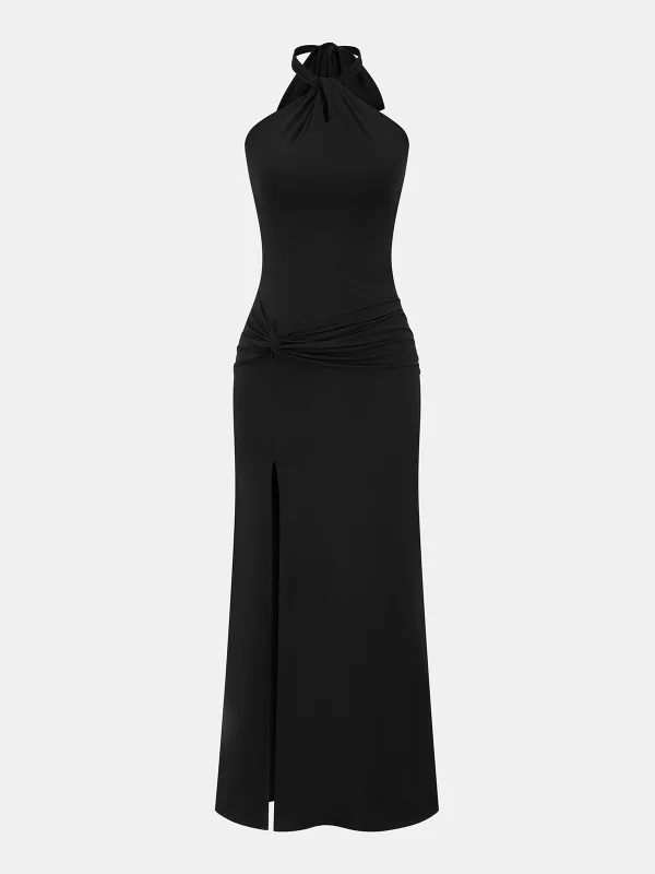 Halter Neck Twisted Ruched Slit Maxi Dress made by COMMENSE