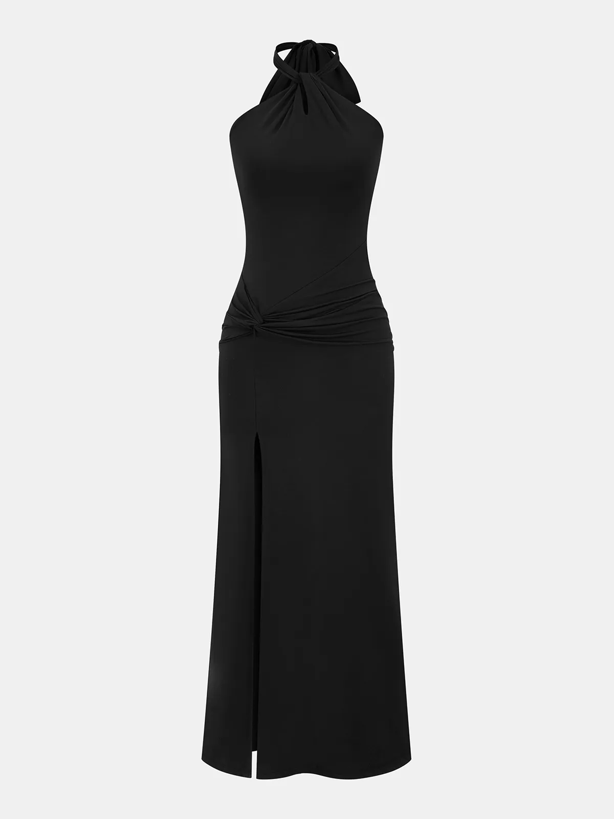Halter Neck Twisted Ruched Slit Maxi Dress sold by COMMENSE