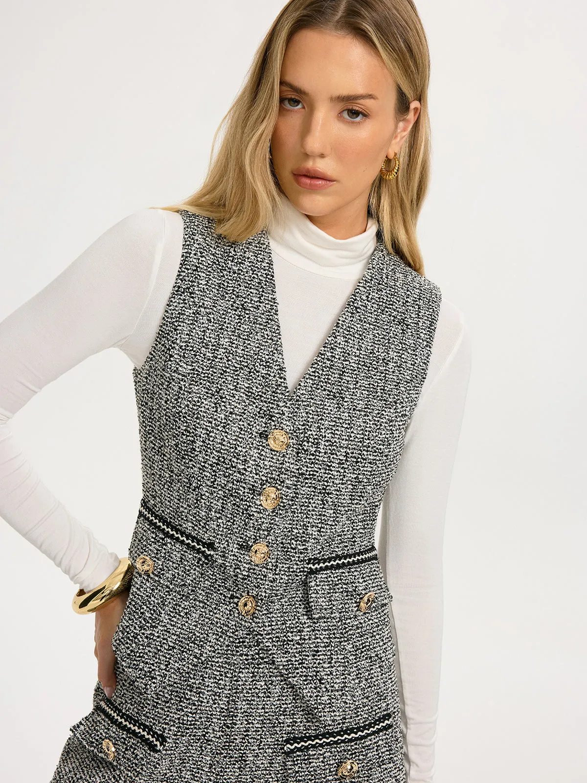 Metal Button Tweed Vest sold by COMMENSE