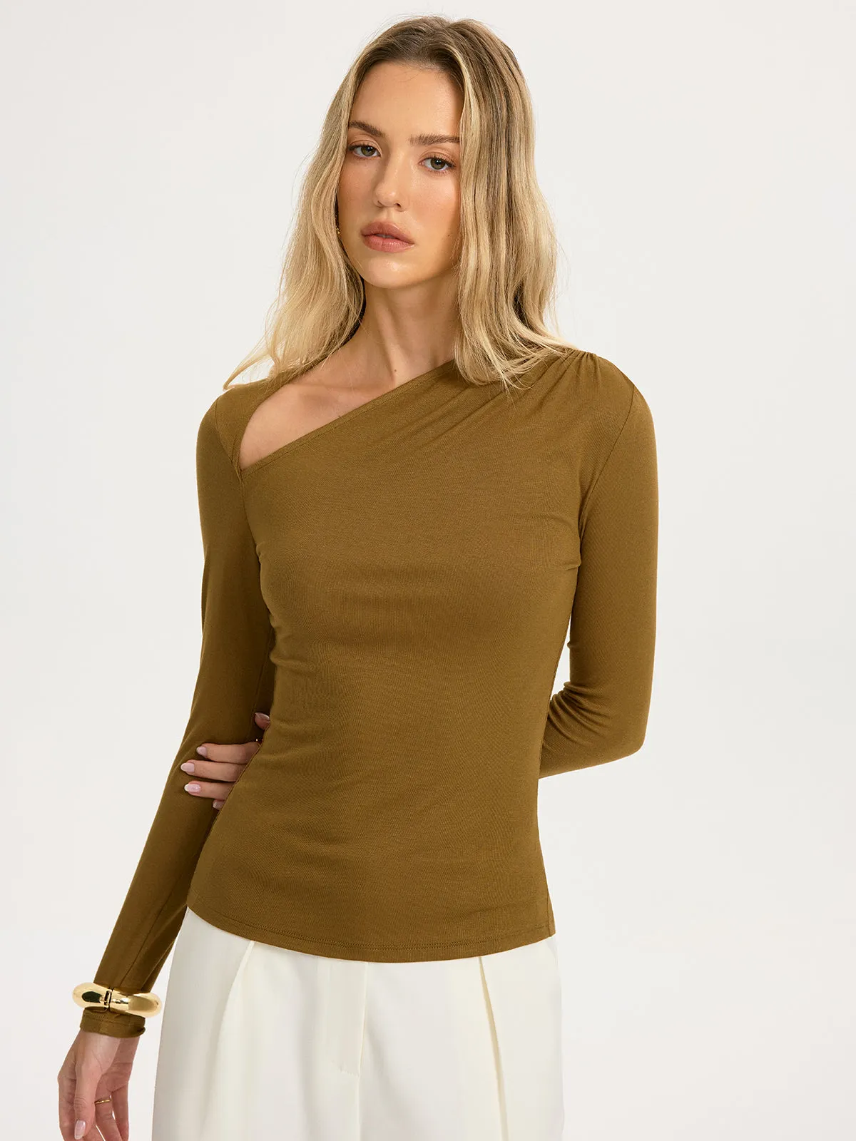 Asymmetrical Neck Long-Sleeve Knit Top sold by COMMENSE product image thumbnail 4