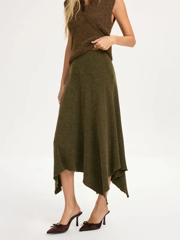 Knit Asymmetric Hem Midi Skirt sold by COMMENSE