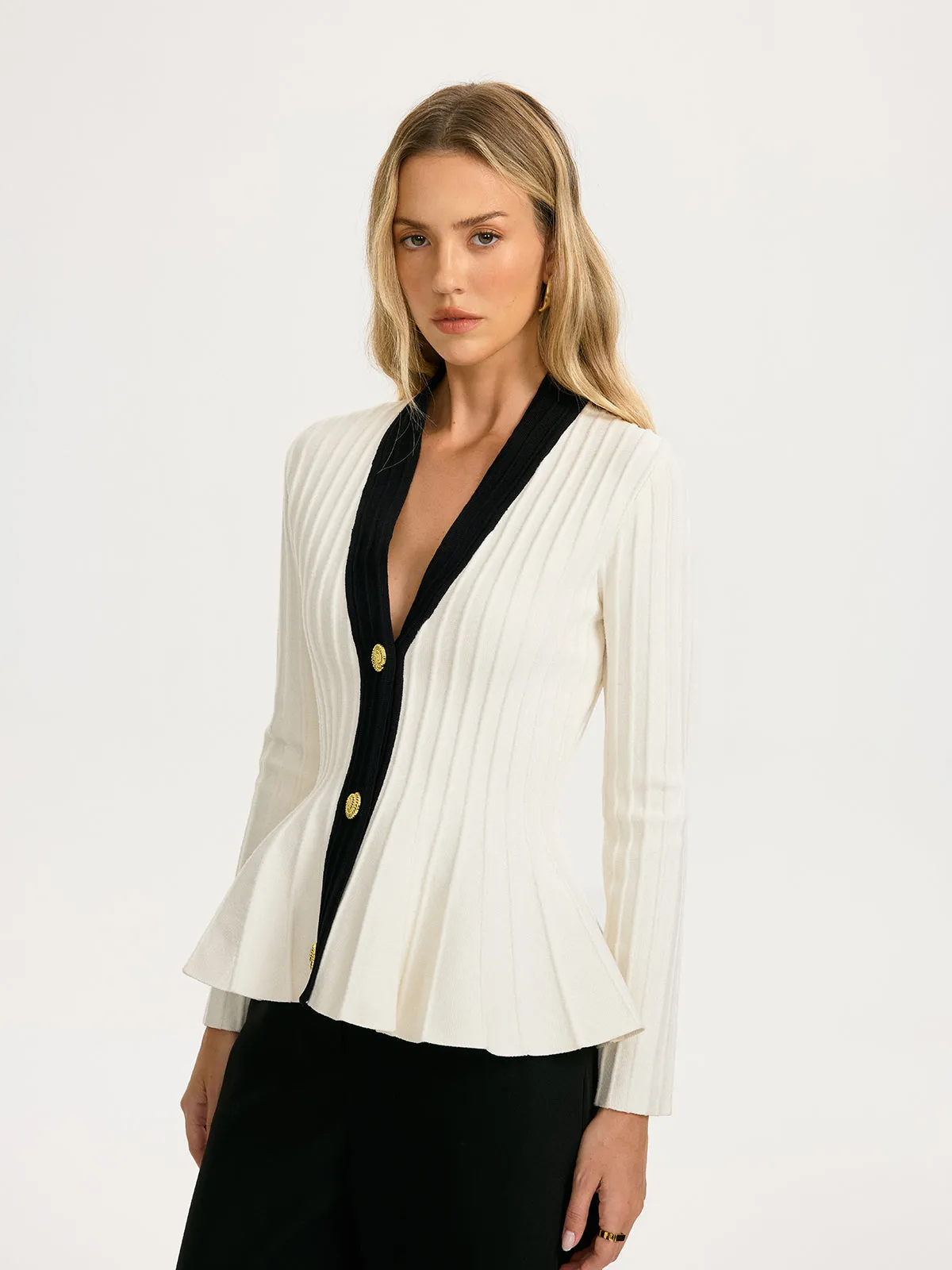 Contrast-Trim Deep V-Neck Peplum Cardigan sold by COMMENSE product image thumbnail 2