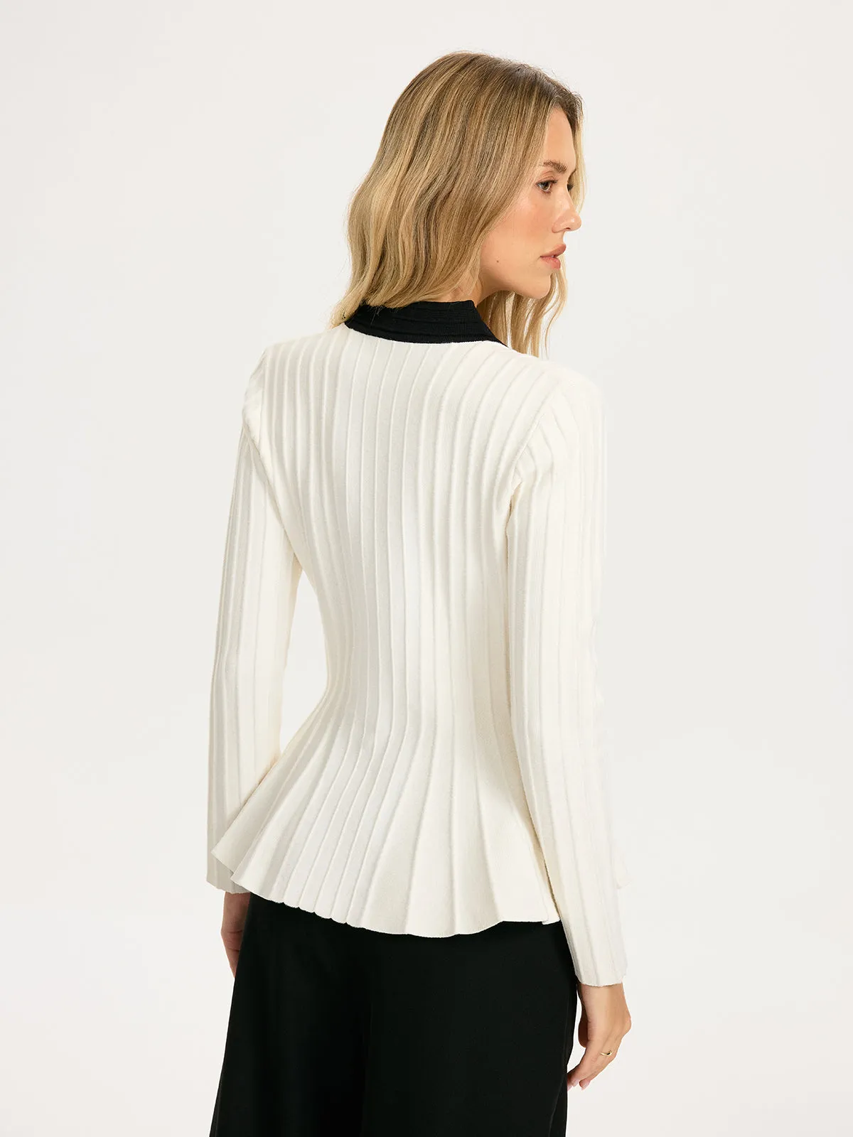 Contrast-Trim Deep V-Neck Peplum Cardigan sold by COMMENSE product image thumbnail 4