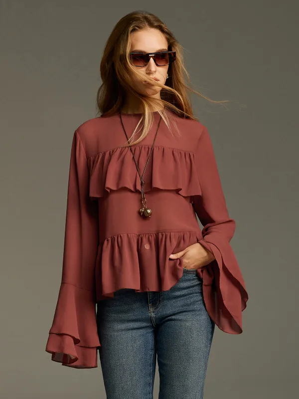 Bell Sleeve Chiffon Tiered Ruffle Blouse sold by COMMENSE