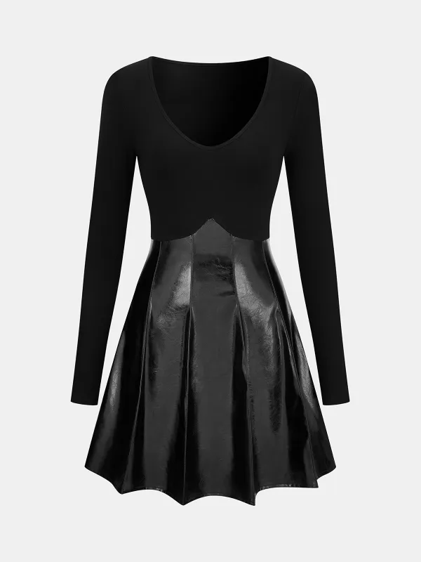 Pleated Faux Leather Panel Long-Sleeve Dress sold by COMMENSE