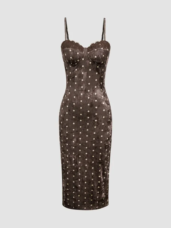 Velvet Polka Dot Lace-Trim Cami Midi Dress sold by COMMENSE