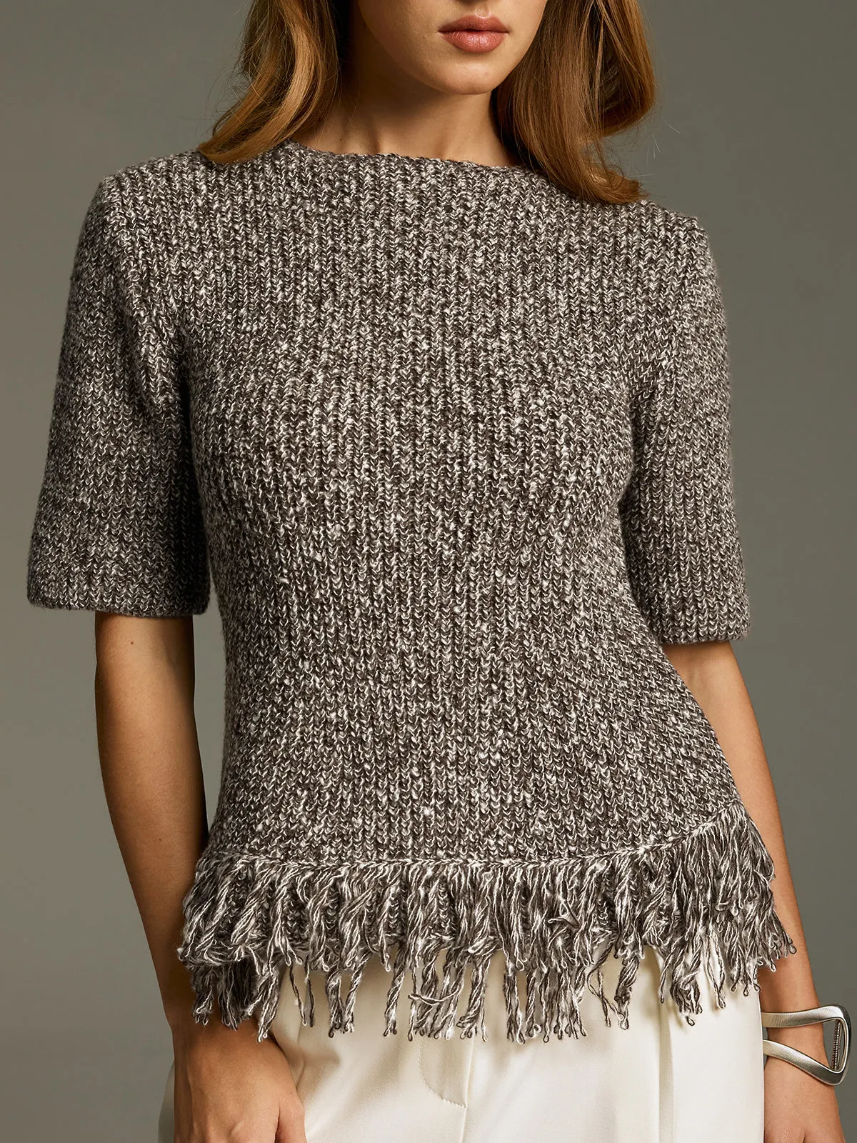 Fringe-Hem Short-Sleeve Knit Top sold by COMMENSE product image thumbnail 4