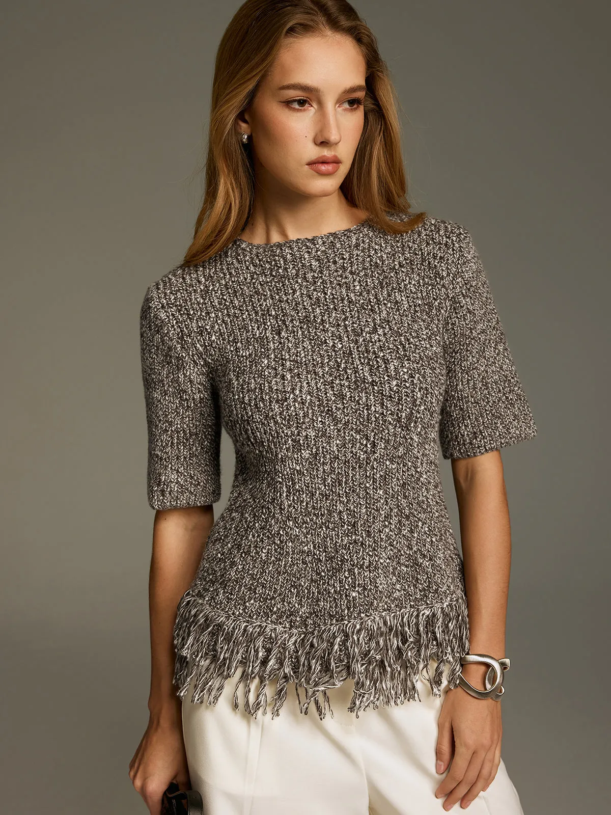 Fringe-Hem Short-Sleeve Knit Top sold by COMMENSE