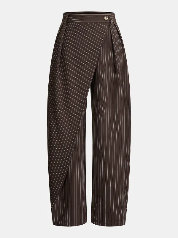 Pinstripe Asymmetric Curved-Leg Pants sold by COMMENSE
