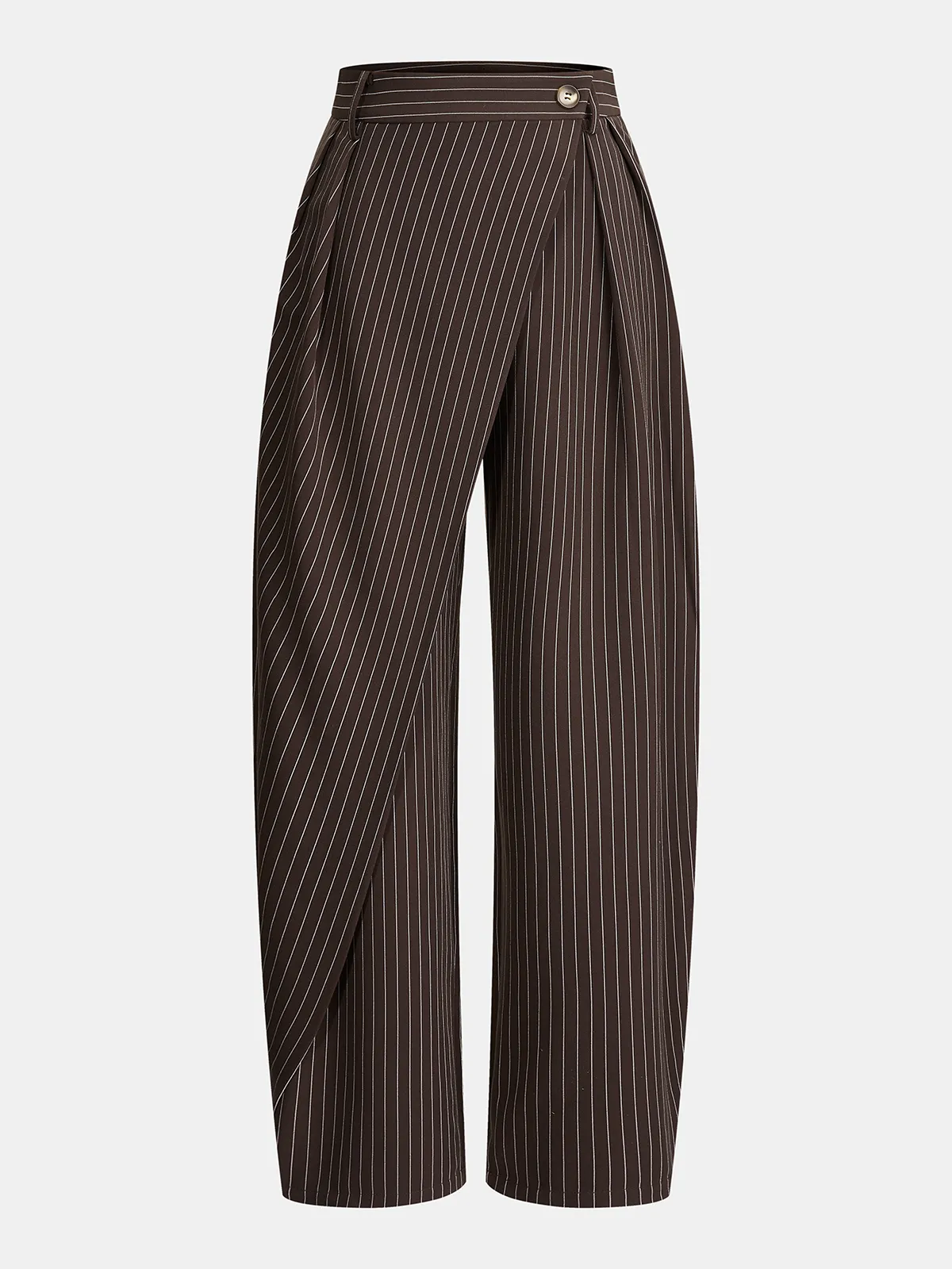 Pinstripe Asymmetric Curved-Leg Pants sold by COMMENSE