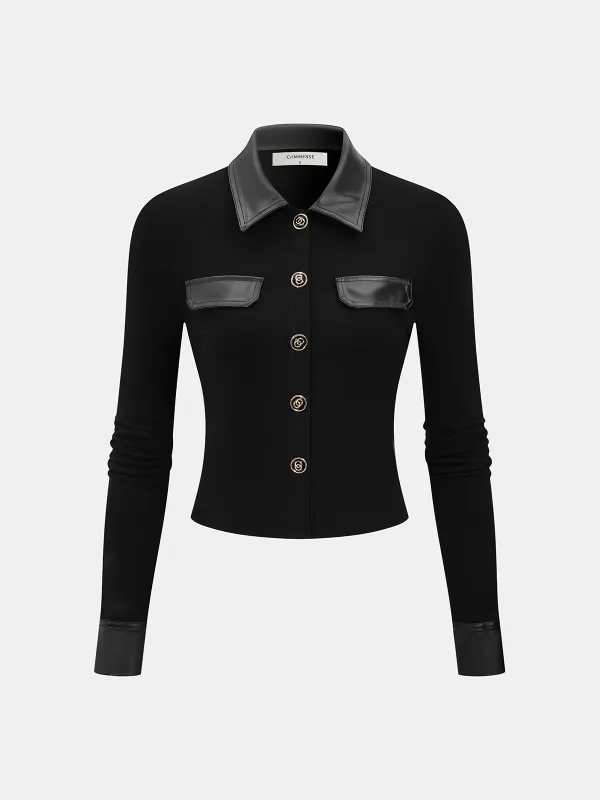 Faux Leather Panel Button-Front Knit Top sold by COMMENSE