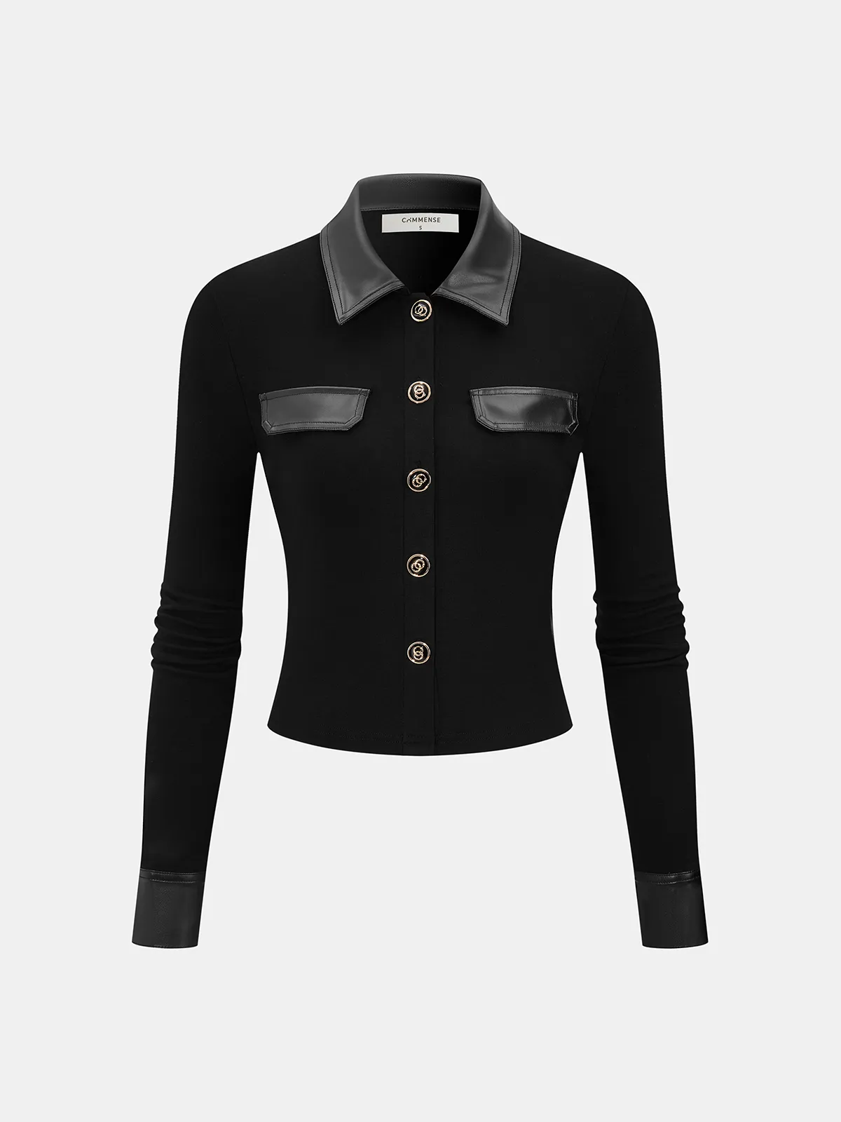 Faux Leather Panel Button-Front Knit Top sold by COMMENSE