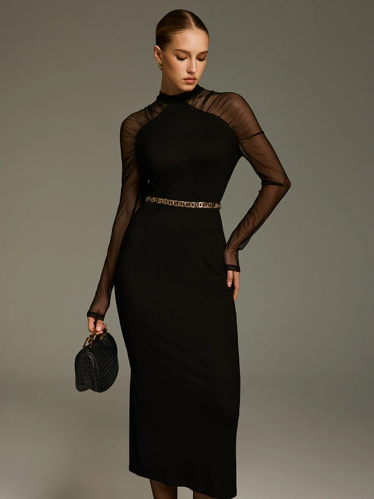 Mesh-Sleeve Knit Maxi Dress without Chain sold by COMMENSE product image thumbnail 3
