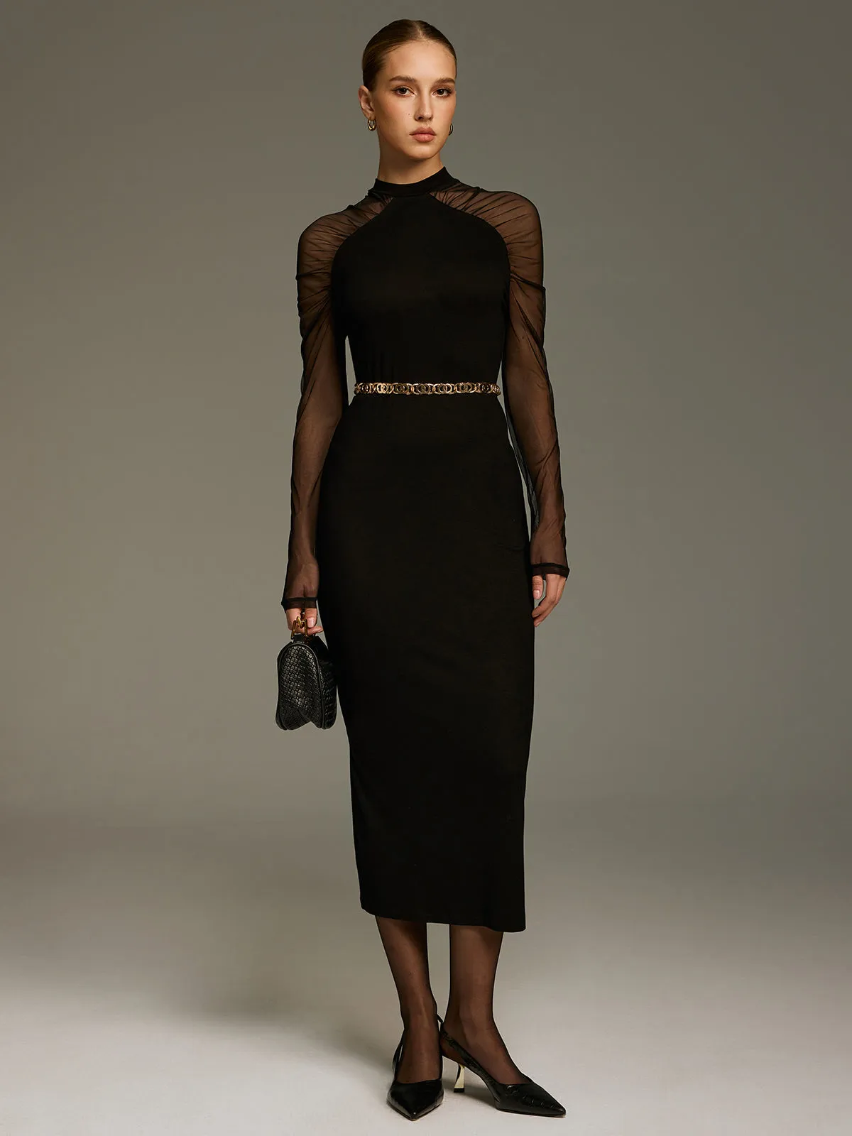 Mesh-Sleeve Knit Maxi Dress without Chain sold by COMMENSE product image thumbnail 2