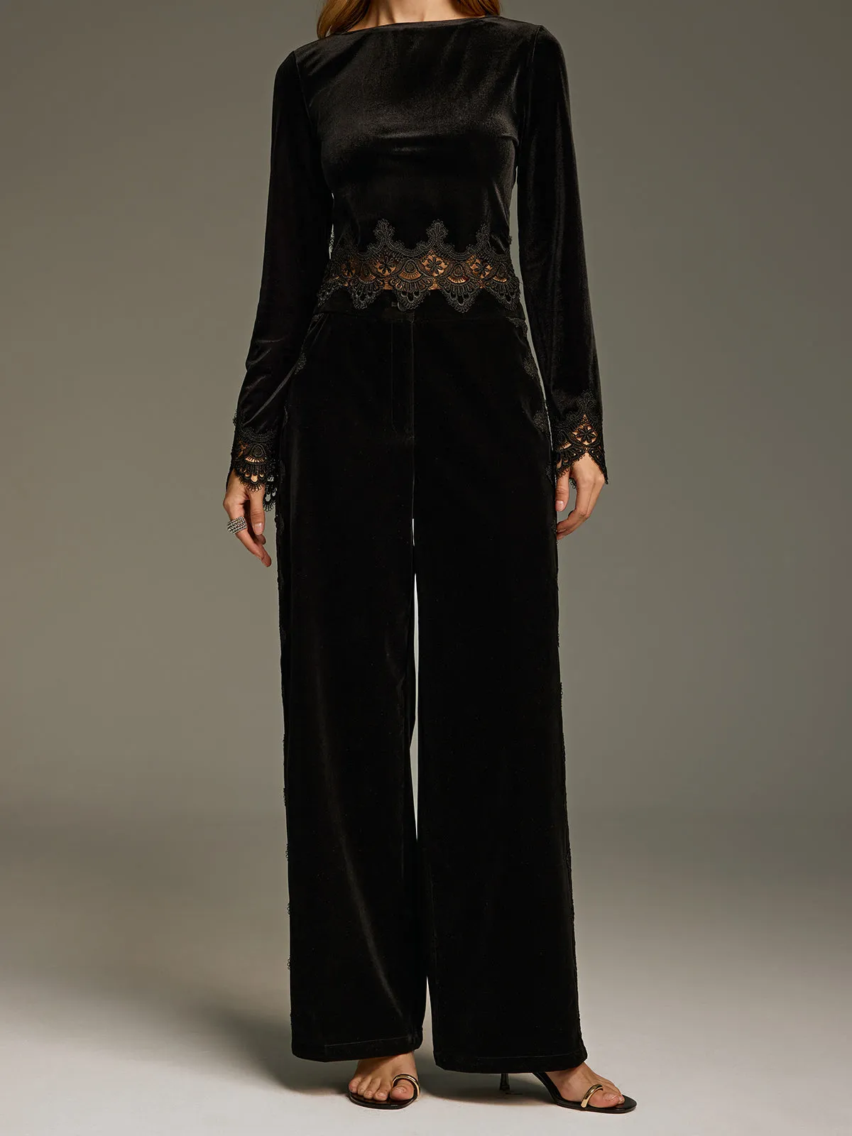 Side Lace Panel Velvet Straight-Leg Pants sold by COMMENSE product image thumbnail 4