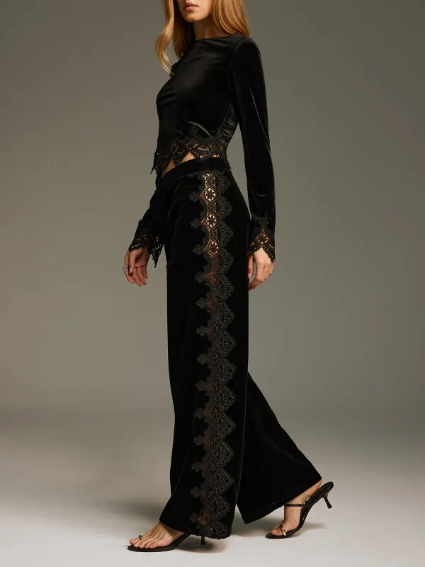 Side Lace Panel Velvet Straight-Leg Pants sold by COMMENSE