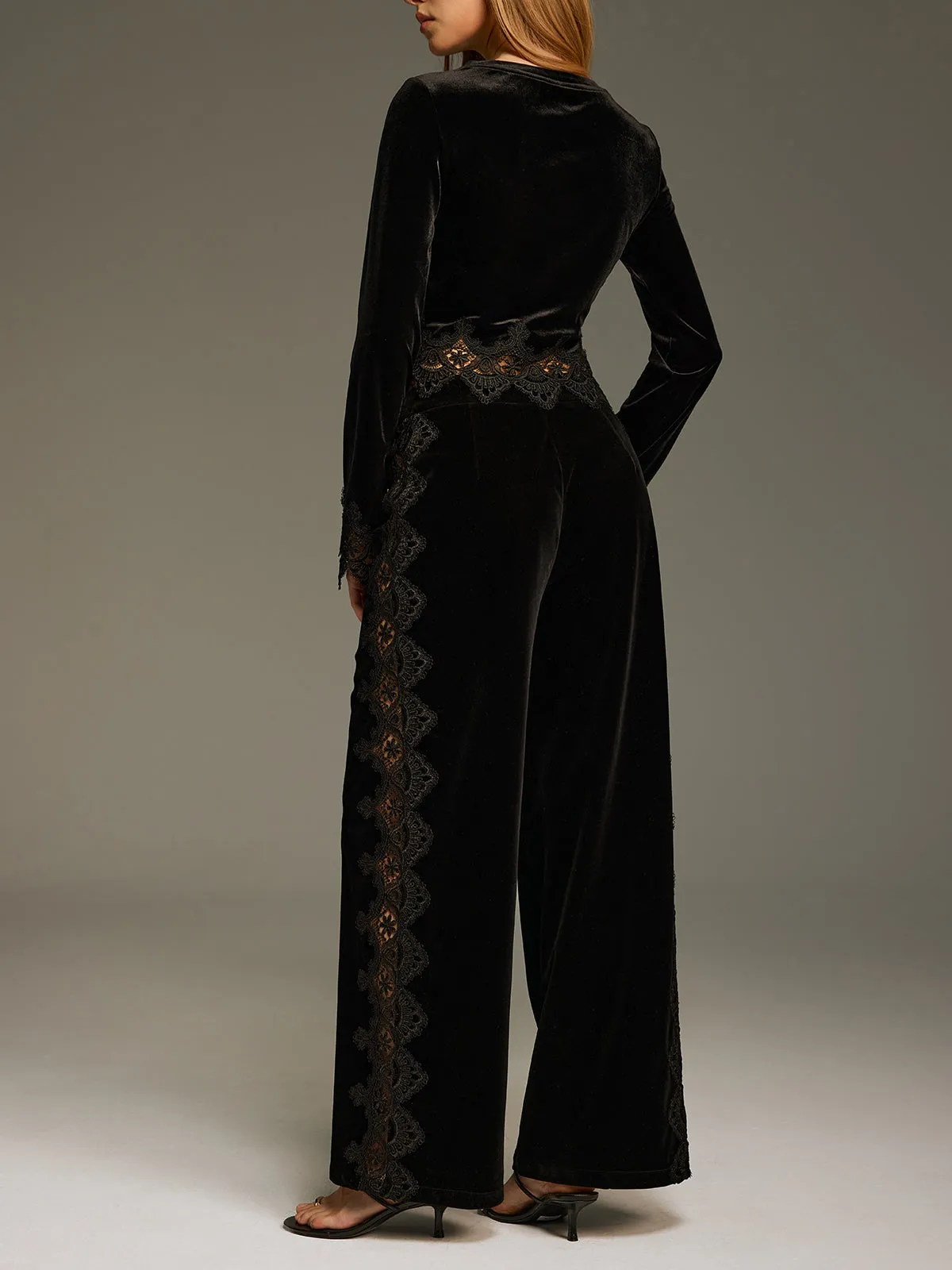 Side Lace Panel Velvet Straight-Leg Pants sold by COMMENSE product image thumbnail 5